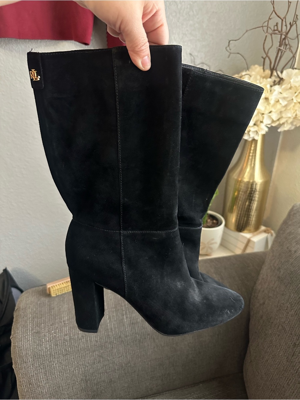 Ralph Lauren Artizan Black Suede Mid-Calf Block Heel Boots size 8